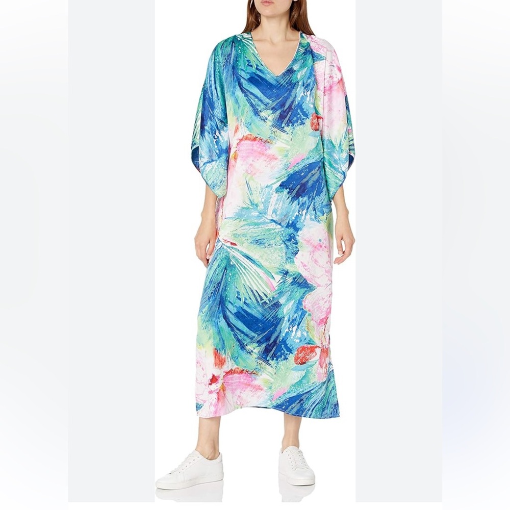 Natori Blue Floral Maxi kaftan pockets Dress private luxuries paradise palms M - Picture 1 of 9